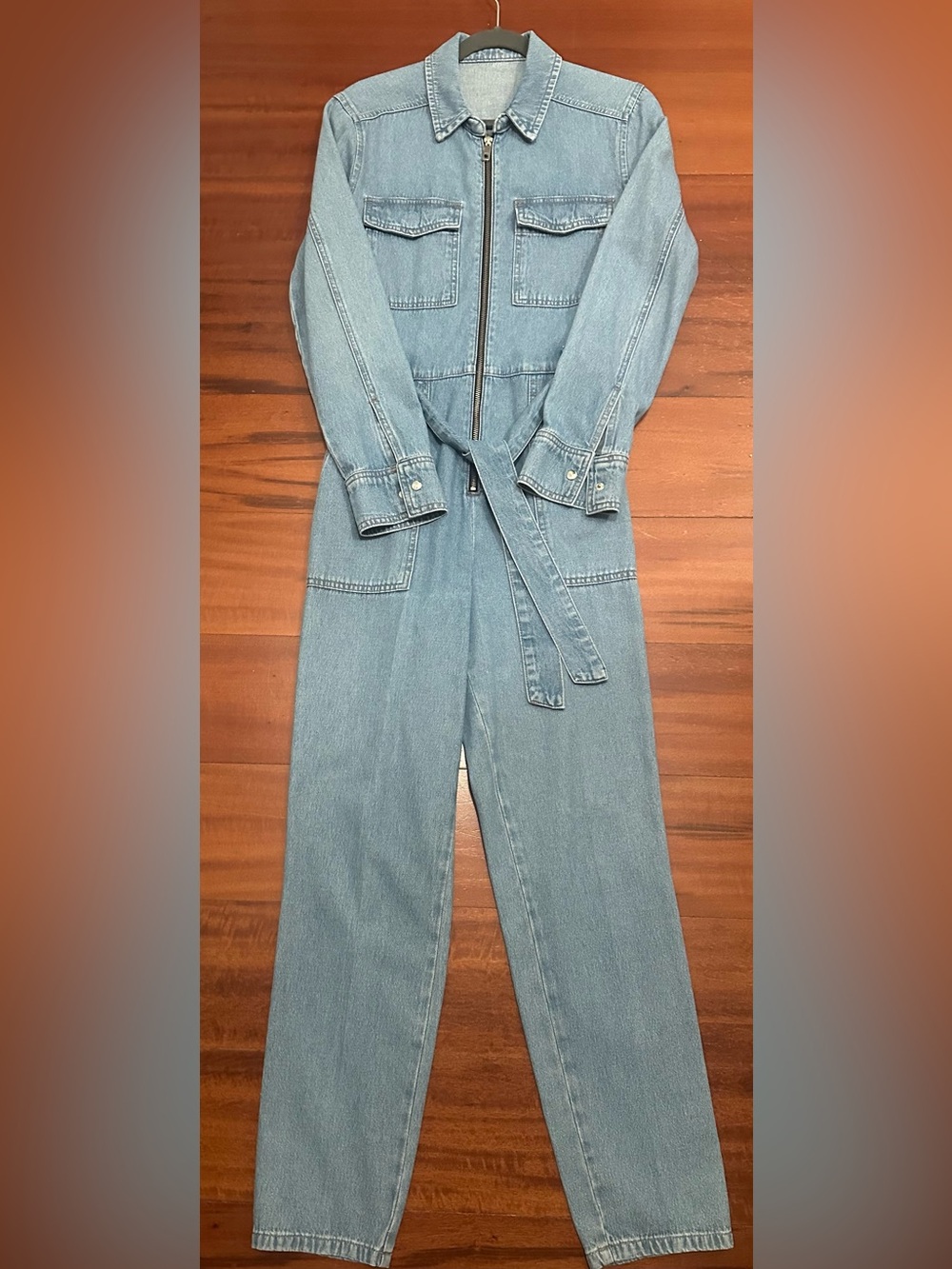 Topshop Light Blue Denim Zip-Front Jumpsuit with Waist Tie